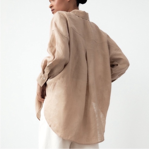 Zara Linen Button-Down Shirt with Pocket in Beige/Tan - Picture 4 of 9